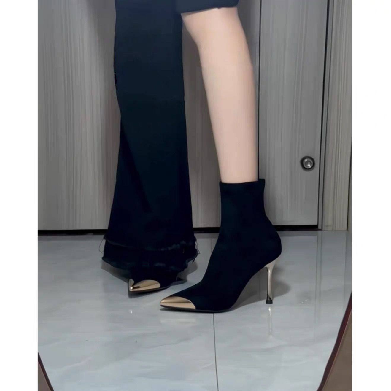 黑色尖头细跟高跟短靴女2025年春秋新款弹力瘦瘦靴中筒袜靴单靴女,淘宝优惠券,粉丝福利购,淘宝优惠卷