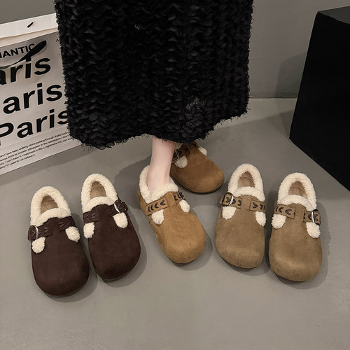 厚底内增高加绒勃肯鞋女2025新款冬季保暖毛毛棉鞋34码低帮雪地靴 - 图3