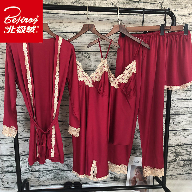 胸垫五件套韩版丝绸秋冬季性感睡袍 北极绒百盈睡衣/家居服套装