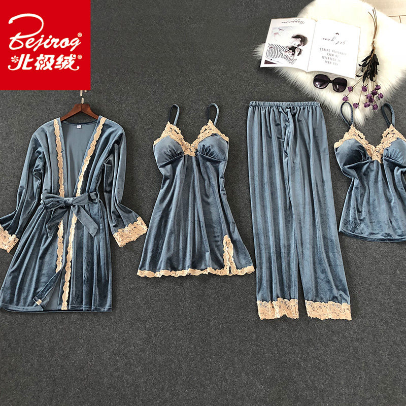 金丝绒性感女春秋冬吊带长袖睡袍 北极绒百盈睡衣/家居服套装