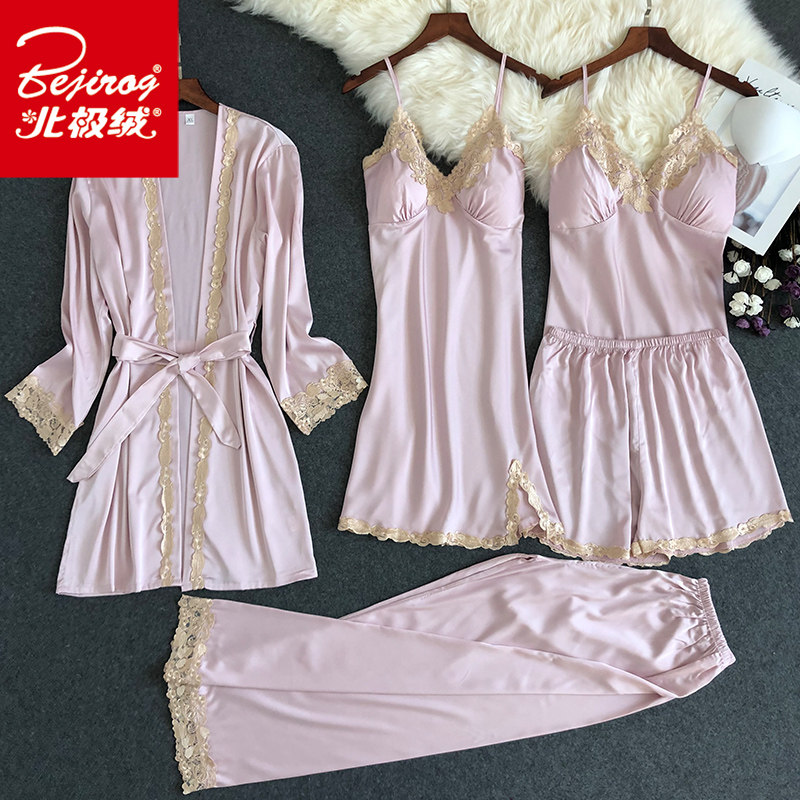 带胸垫女士性感睡裙五件套冰丝绸 北极绒百盈睡衣/家居服套装