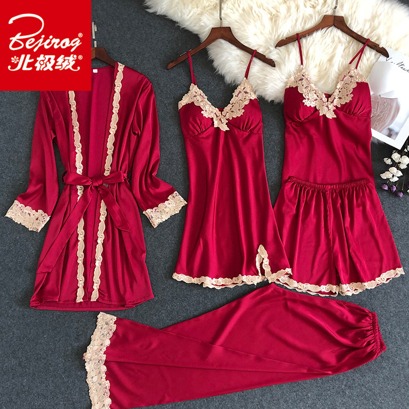 带胸垫女士性感睡裙五件套冰丝绸 北极绒百盈睡衣/家居服套装