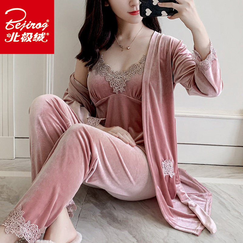 金丝绒性感女春秋冬吊带带长睡裙 北极绒百盈睡衣/家居服套装