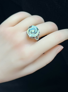 天然灰月光花朵戒指女大气活口