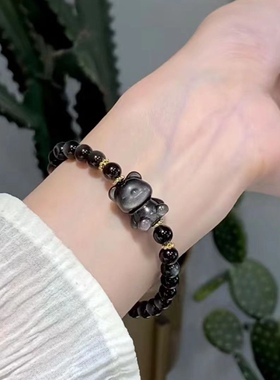 天然银耀石小熊手链可爱熊小巧6毫米珠精致百搭女礼物