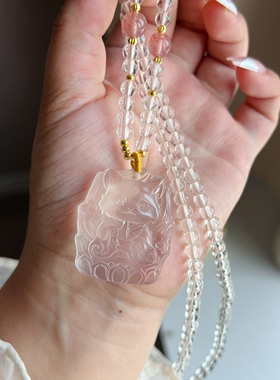 天然白水晶狐狸吊坠修仙可爱九尾狐项链白狐水晶项链女士毛衣链