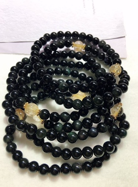 天然黑曜石手链单圈搭配天然发晶珠珠暴富发财礼物男女