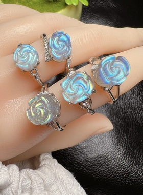 天然月光石玫瑰花戒指灰月光蓝光牡丹花礼物百搭活口大气礼女包邮