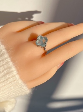 天然海蓝宝戒指四叶草戒指活扣幸运草淡雅清新气质甜美好运礼物女