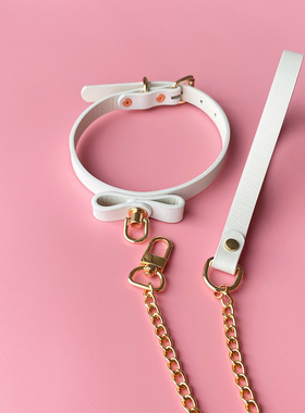 蝴蝶结项圈头层软牛皮女牛铜铃铛