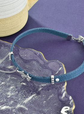 原创设计丹宁蓝色牛仔蝴蝶结项链