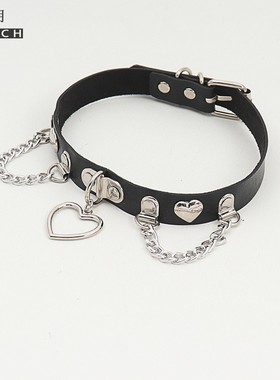 pu皮项圈爱心带链男女y2k千禧风