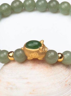 路路通金镶玉足金猪手串高级感