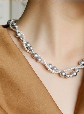 W的手创灰珍珠双层纯银锁骨链