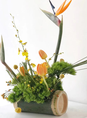 竹筒插花瓶卧式桌面摆件