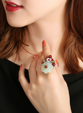 古典天然岫玉花朵戒指女