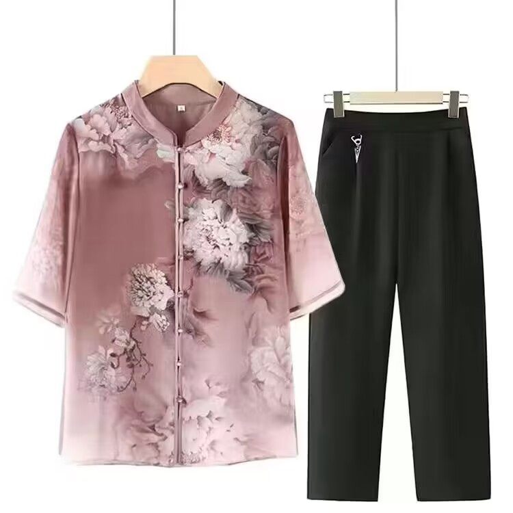 中老年妈妈夏装两件套装中袖雪纺衬衫老人衬衣印花中年女开衫薄款,淘宝优惠券,粉丝福利购,淘宝优惠卷