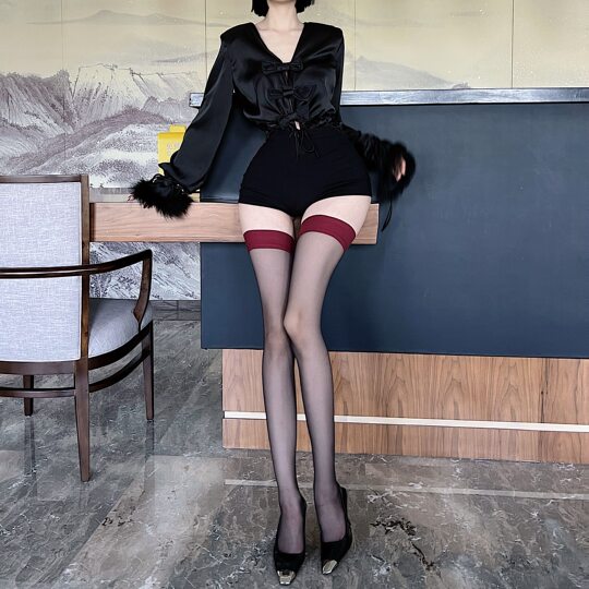 Nunnally medias rojas sexy medias negras hasta la rodilla con borde rojo para mujer puro deseo medias de rejilla de silicona ultrafinas calcetines de año nuevo