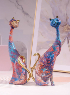 创意欧式家居油画情侣猫咪动物摆件酒店客厅情人节礼物树脂工艺品