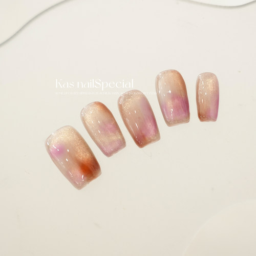 「羽染玫光」纯手工晕染渐变秋冬美拉德幻境美甲温柔显白穿戴甲 - 图0