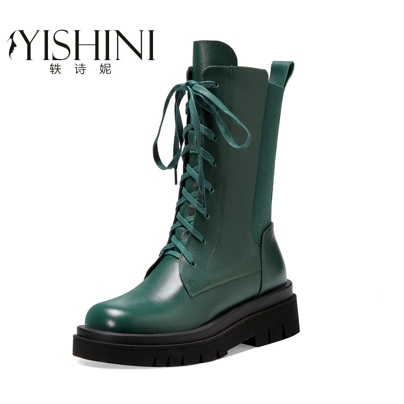 新款真皮平底马丁靴女松糕厚底女靴绿色圆头骑士靴系带中筒靴短靴,淘宝优惠券,粉丝福利购,淘宝优惠卷