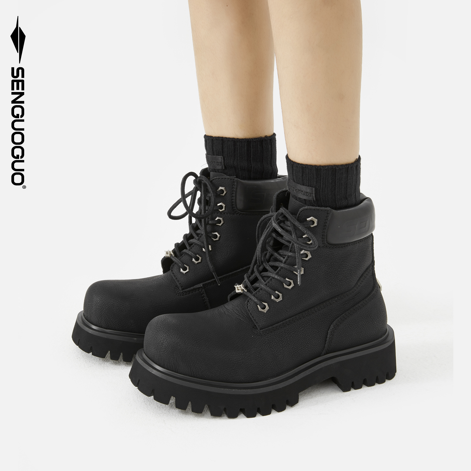 森果果 经典款黑色马丁靴男高帮2025冬季增高厚底户外大头靴子男 - 图2