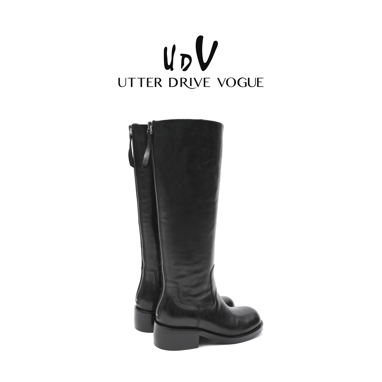 UDV油蜡牛皮圆头粗跟高筒靴2025秋冬新款复古气质时尚高跟骑士靴,淘宝优惠券,粉丝福利购,淘宝优惠卷