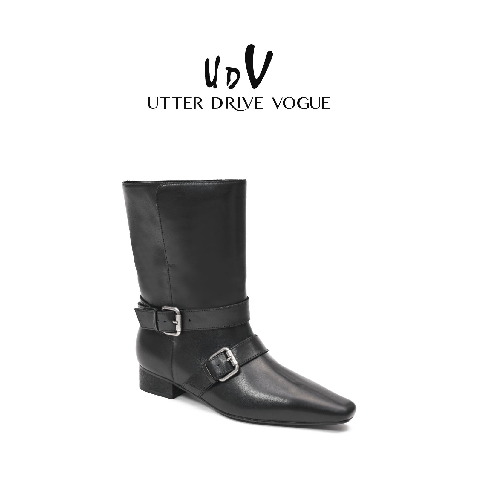 UDV真皮尖头高跟短靴女2025秋季新款裤管鞋子粗跟港风超火小短靴 - 图1