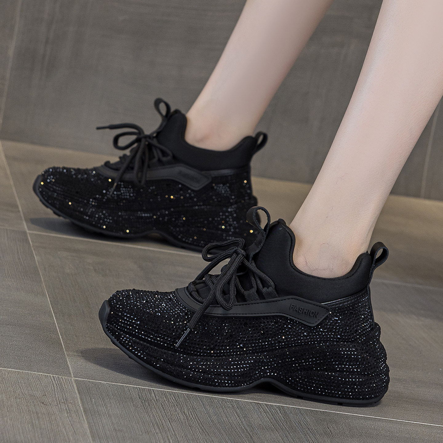 黑色满钻老爹鞋女2025秋季新款爆款显脚小厚底增高运动休闲阿甘鞋,淘宝优惠券,粉丝福利购,淘宝优惠卷