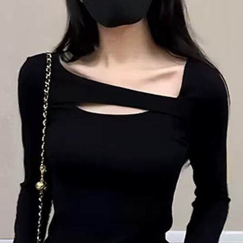 黑色性感镂空打底衫女秋冬季洋气内搭外穿加绒大码显瘦设计感小衫 - 图2