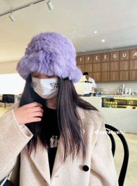超美香芋紫色真兔毛醒狮帽盆帽子