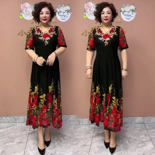 夏季大摆连衣裙女妈妈装短袖长款过膝印花裙子刺绣V领中老年裙子 - 图1