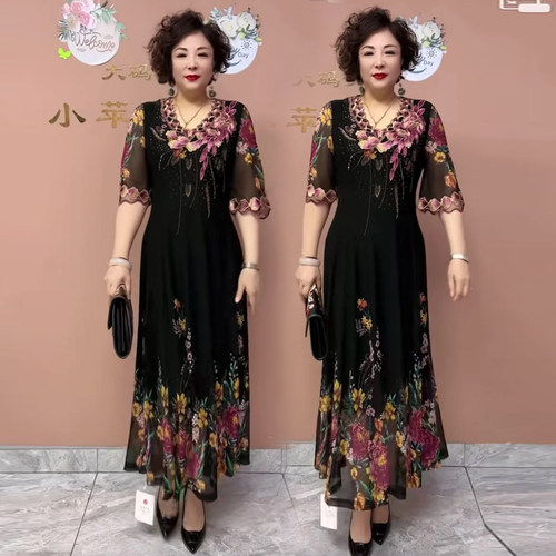 夏季大摆连衣裙女妈妈装短袖长款过膝印花裙子刺绣V领中老年裙子 - 图3