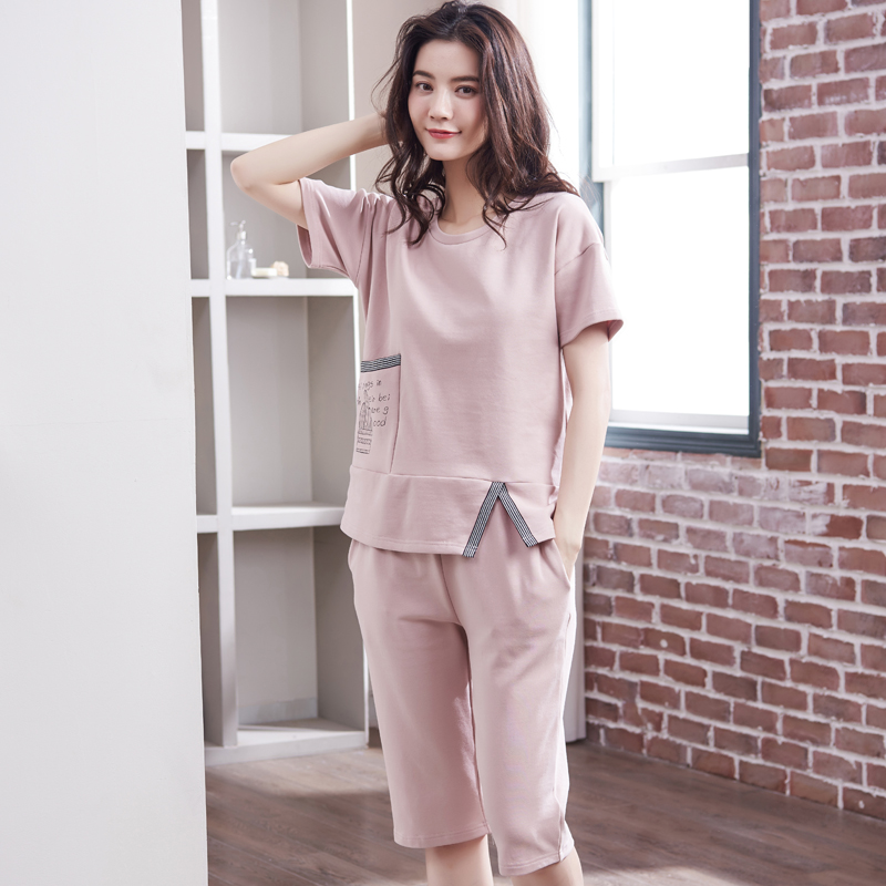 蜜妮佳服饰专营店女士睡衣夏季纯棉七分裤可外穿家居服女夏天套装短袖两件套薄款0