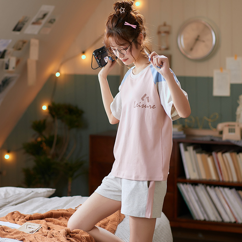 蜜妮佳服饰专营店韩版女士睡衣纯棉短袖短裤薄款拼色休闲家居服套装全棉夏天2