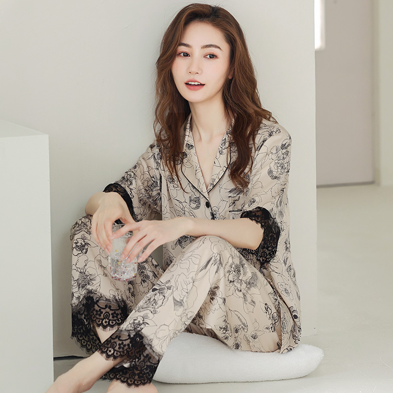蜜妮佳服饰专营店睡衣女夏季冰丝短袖长裤薄款夏天韩版开衫仿真丝绸家居服两件套装1