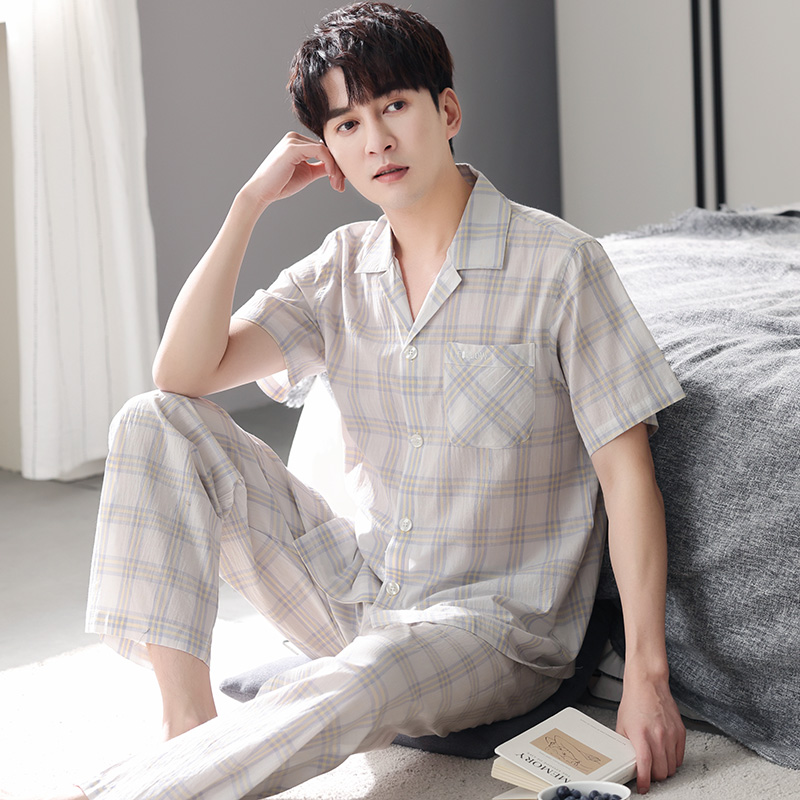男士夏季梭织纯棉布短袖长裤睡衣 蜜妮佳服饰睡衣/家居服套装