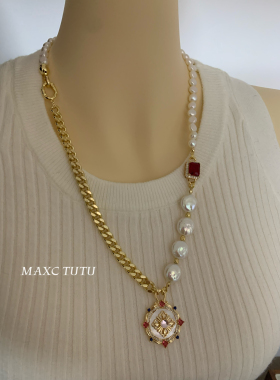 MAXC高级大气复古天然巴洛克异形淡水纽扣珍珠项链女红锆长毛衣链