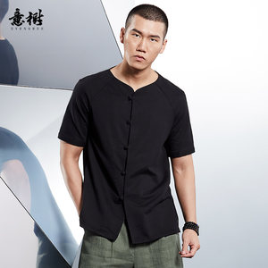意树2018夏季新款短袖衬衫男休闲圆领盘扣短袖衬衣纯色简约打底衫