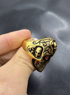 华夏美玉 真空电镀金色骷髅头戒指 指环