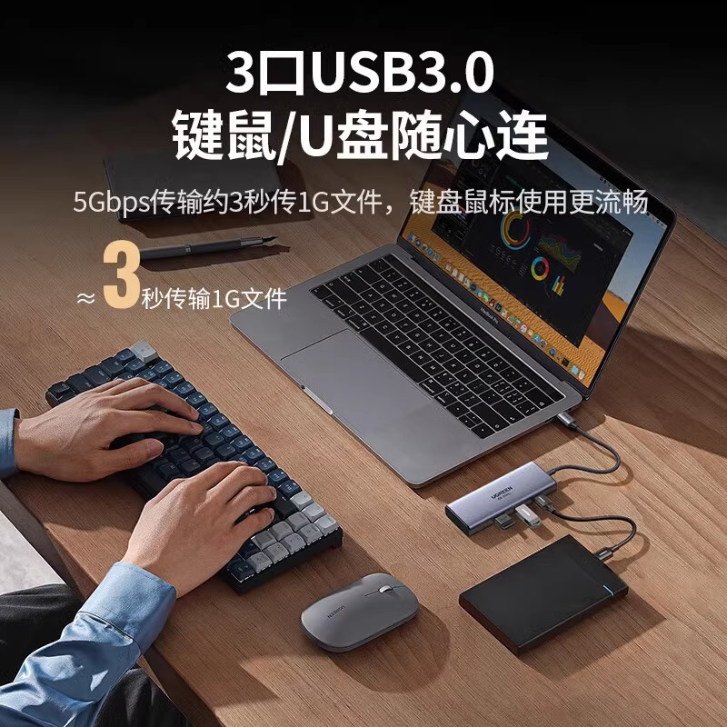 绿联15769拓展坞六合一Type-C转2HDMI+3USB+pd供电CM498三屏异显 - 图3