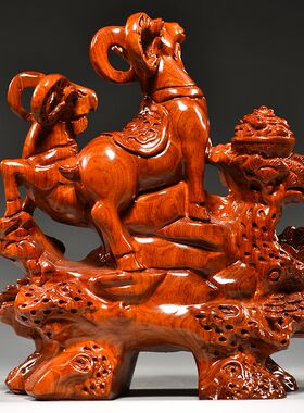 高端中式实木雕刻三羊开泰摆件