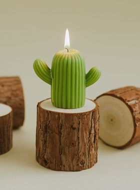 复古实木带皮圆木香薰蜡烛烛台摆件红杉松树桩木头桩装饰拍照道具