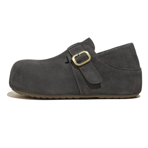 深灰色加绒勃肯鞋厚底棉鞋女2025新款冬季一脚蹬女鞋增高真皮鞋子 - 图3