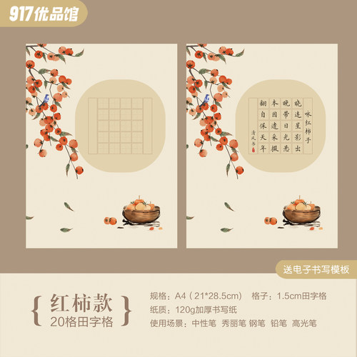 A4硬笔书法作品纸小学生儿童田字格五言七言国风国展比赛专用20格 - 图0