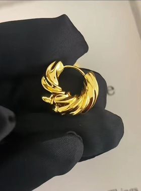 欧美几何金属14K黄铜扭纹牛角耳扣轻奢气质高级质量感耳环饰品女