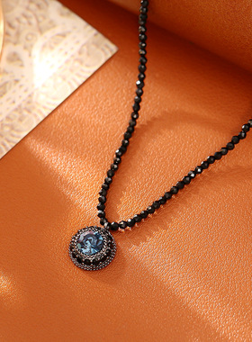 爆款潮酷墨蓝色锆石吊坠项链轻奢时尚男女通用喜欢朋克毛衣链耳钉