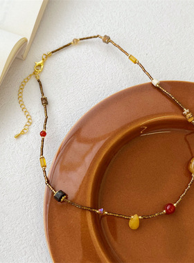 小众设计感水晶串珠时尚高级钛钢项链 新中式复古锁骨链