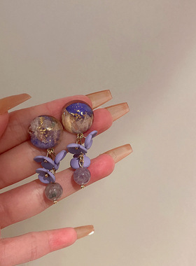 银针镶钻珍珠紫色耳环法式复古小众设计感耳坠轻奢高级感耳饰批发