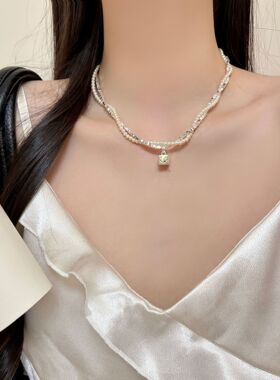 碎银子小米珠双层缠绕珍珠笑脸星星项链女轻奢小众百搭时尚锁骨链